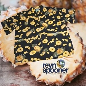 REYN SPOONER Men's Golden Juicy‎ Pineapple Hawaiian Aloha Shirt Black L